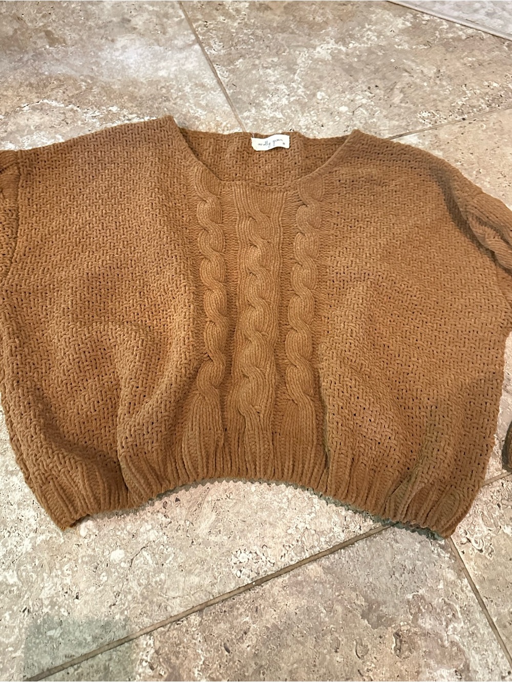 Cable-Knit Cropped Crewneck Sweater in Camel Oversized
